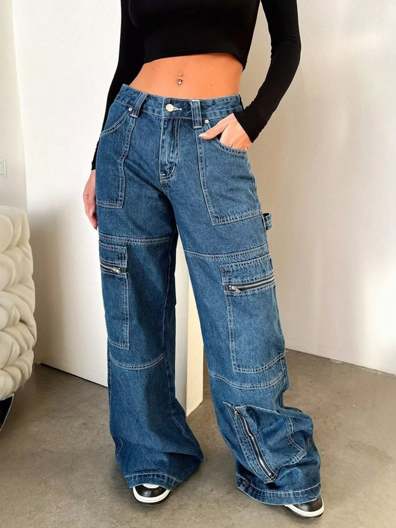 Dark wash zipper pocket wide leg cargo jeans front view