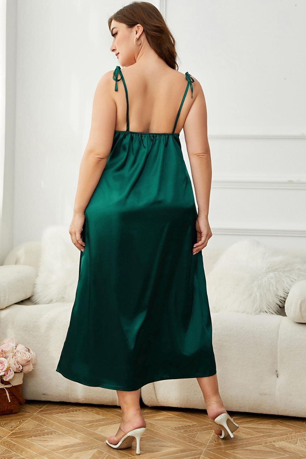 Plus Size Tie-Shoulder Midi Night Dress - Fashorio