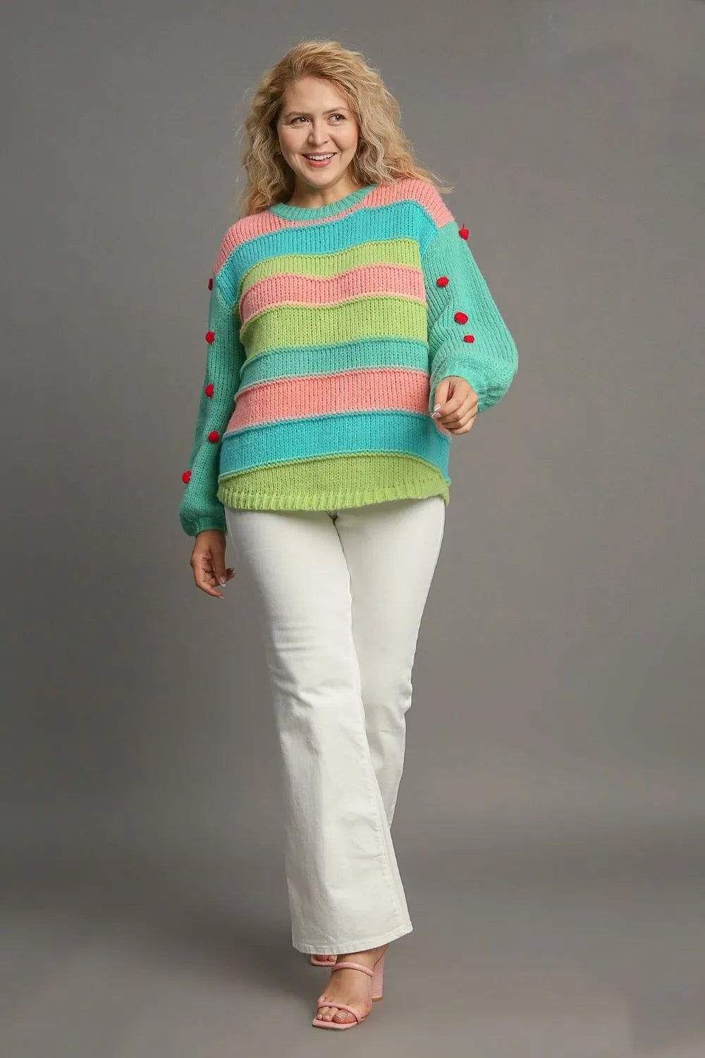 Color Block Cable Knit Pom Pom Sweater Plus Size in Emerald on model