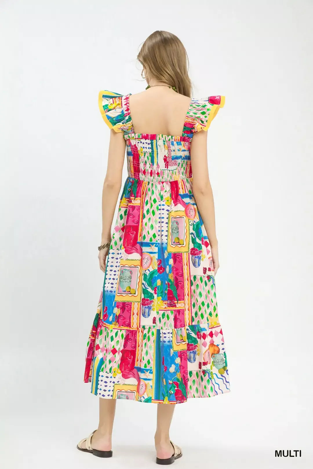 Abstract Print Smocked Ruffle Sleeve Tiered Midi Dress detail