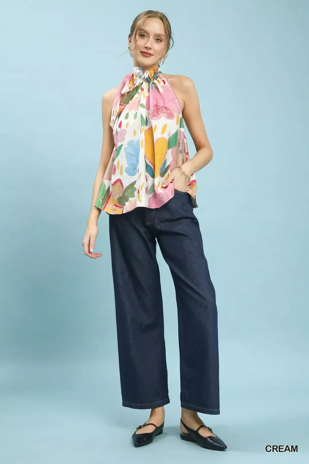 Umgee cream floral halter neck boho top styled look