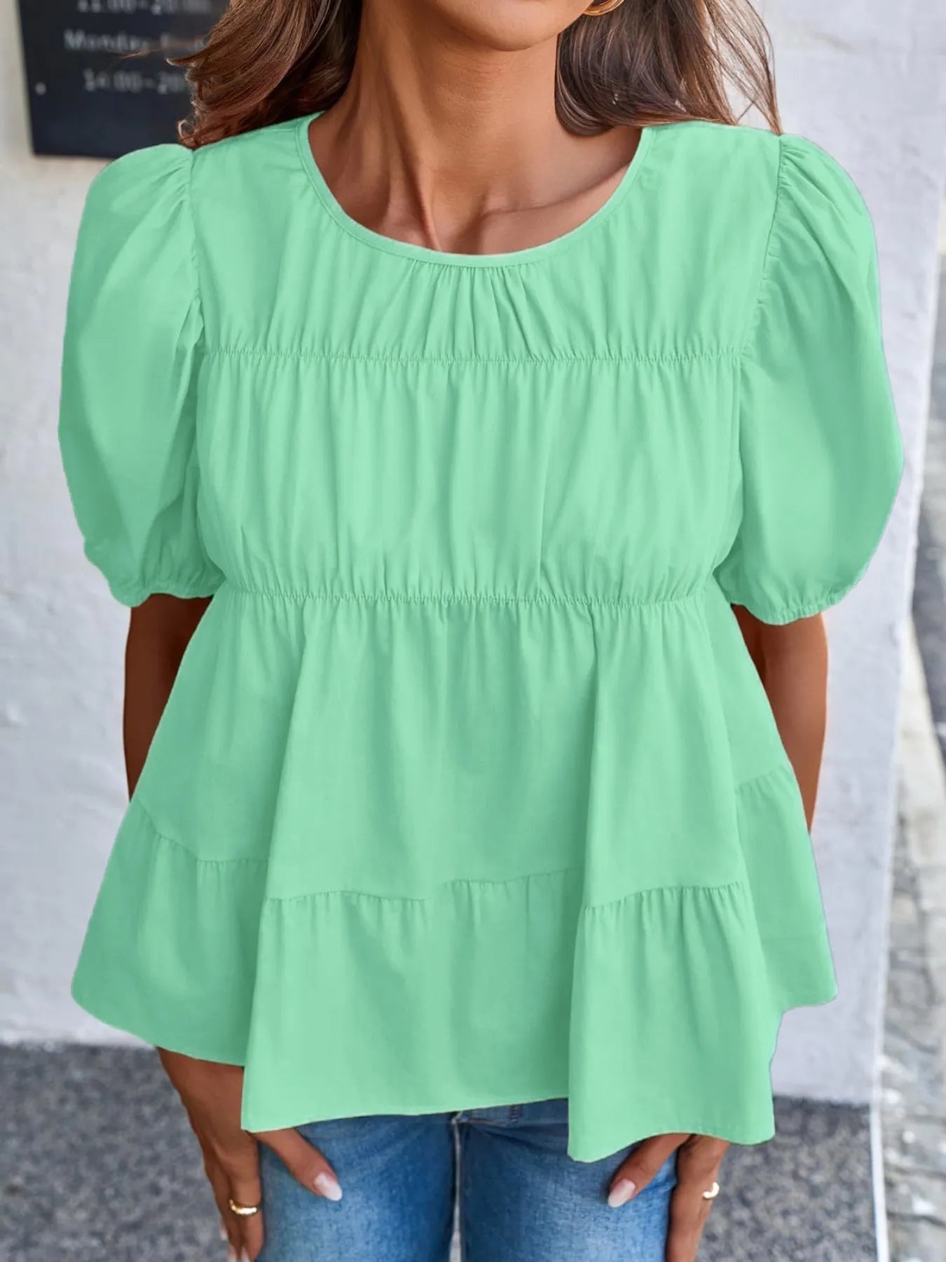 Tiered Round Neck Puff Sleeve Ruched Blouse - Fashorio