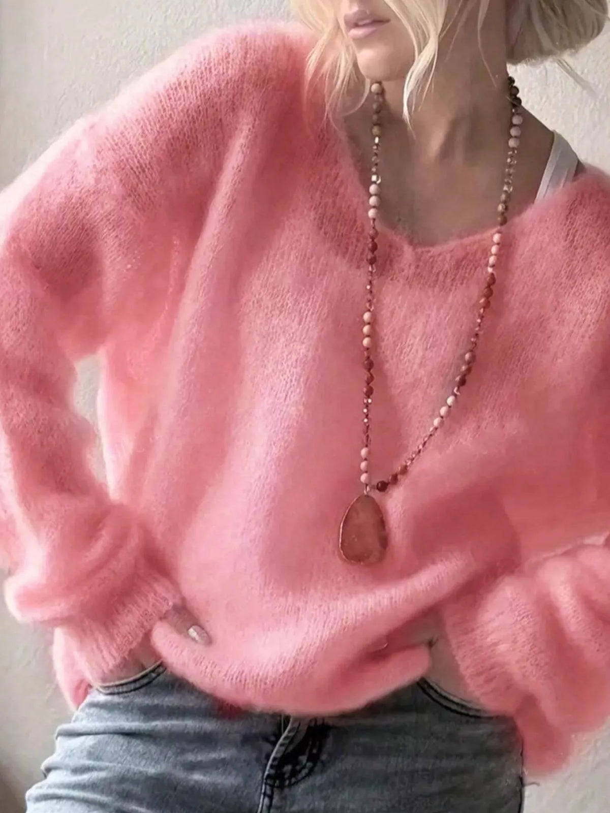 v neck dropped shoulder sweater close fabric detail