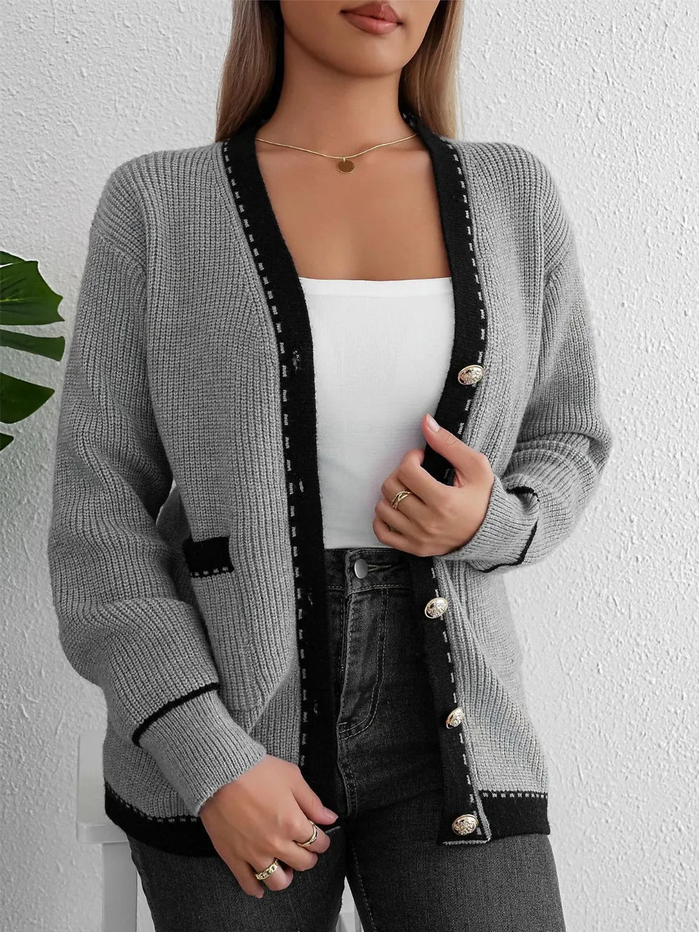 Contrast Trim Button Up Long Sleeve Cardigan - Fashorio