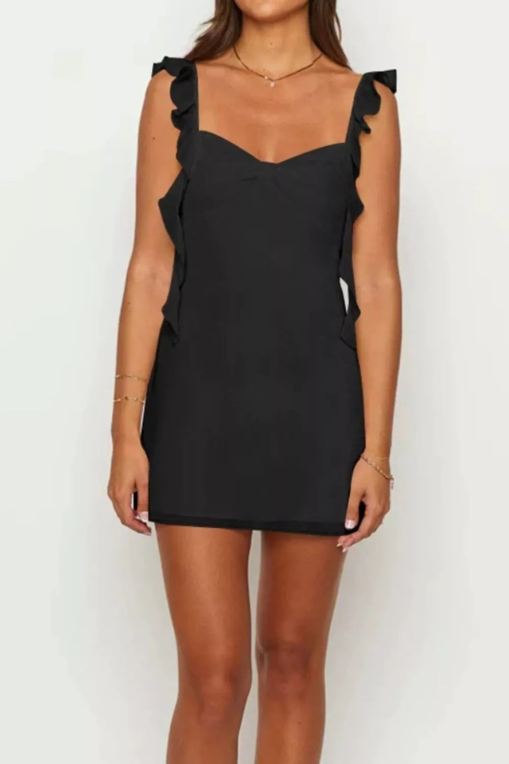 Black sweetheart neckline mini dress detail