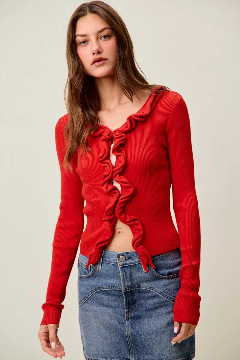 Cascade Ruffle Ribbed Knit Sweater Cardigan, view 24