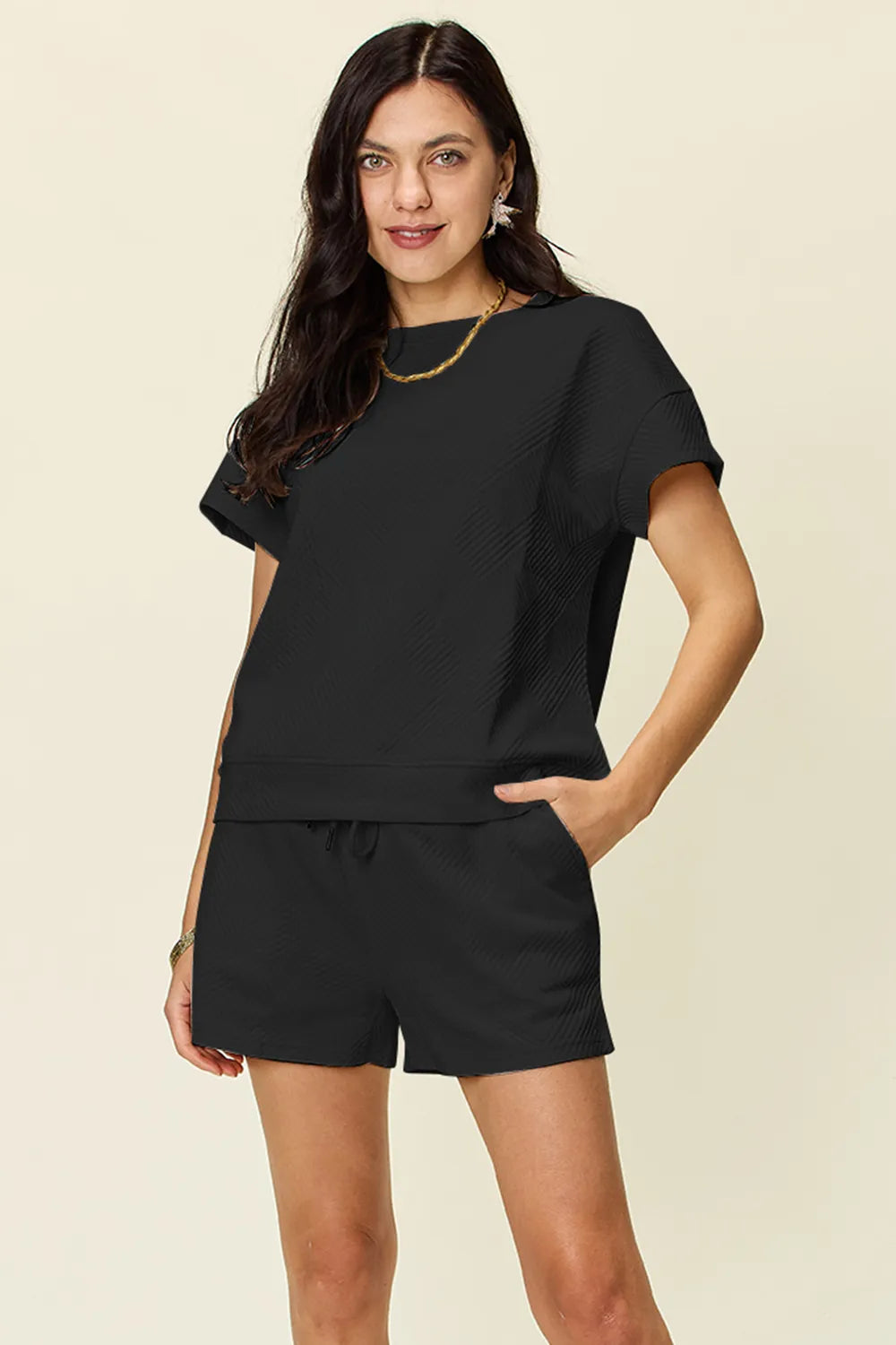 Double Take Full Size Texture Short Sleeve T-Shirt and Drawstring Shorts Set Black - Fashorio