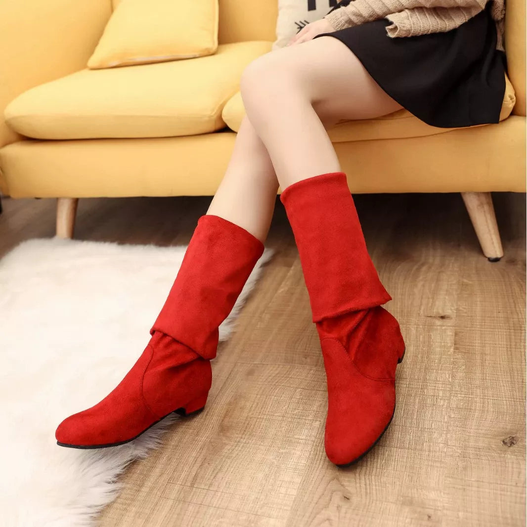 Round toe block heel suede boots back view