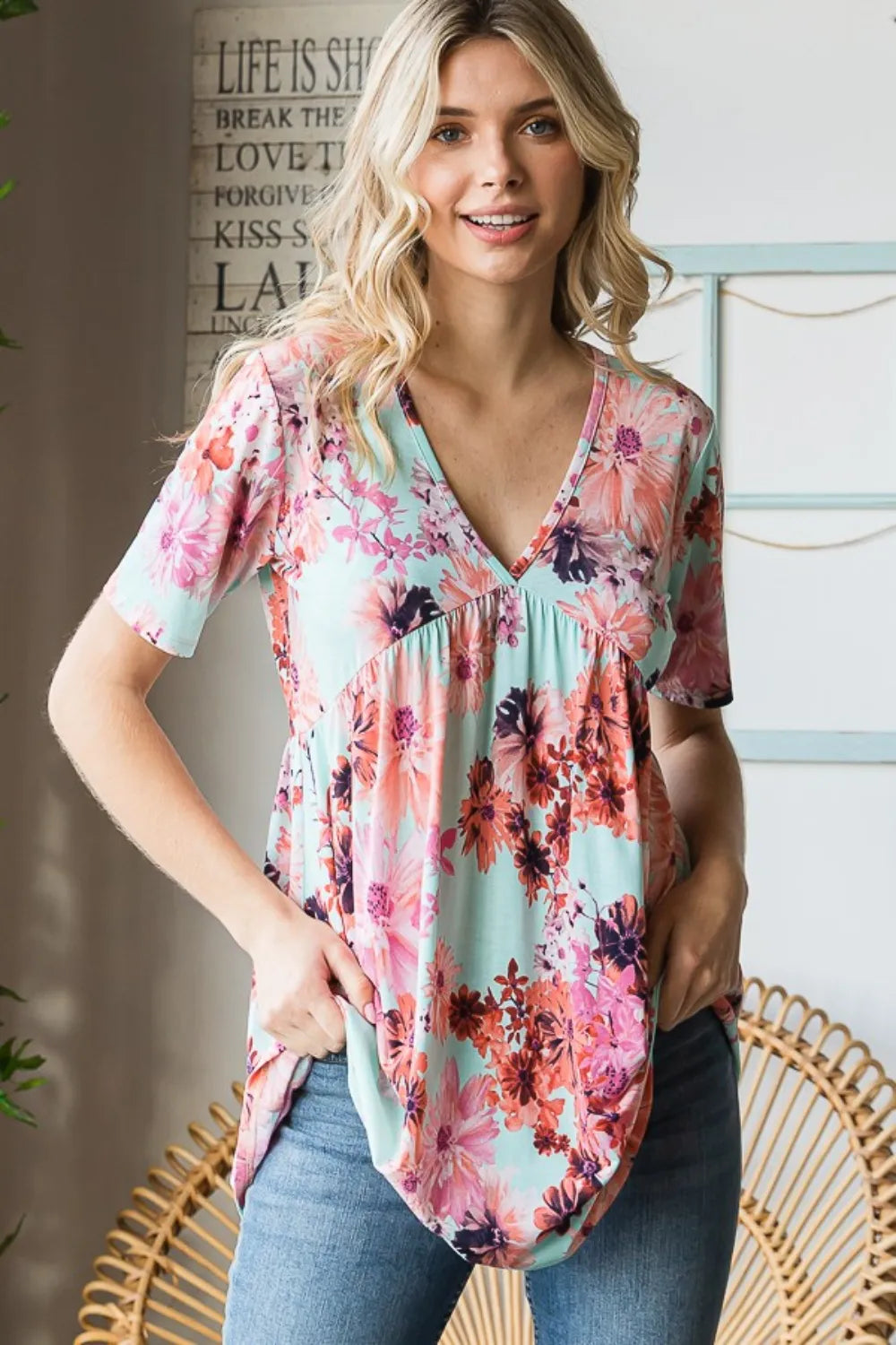 Heimish Full Size Floral V-Neck Short Sleeve Babydoll Blouse - Fashorio