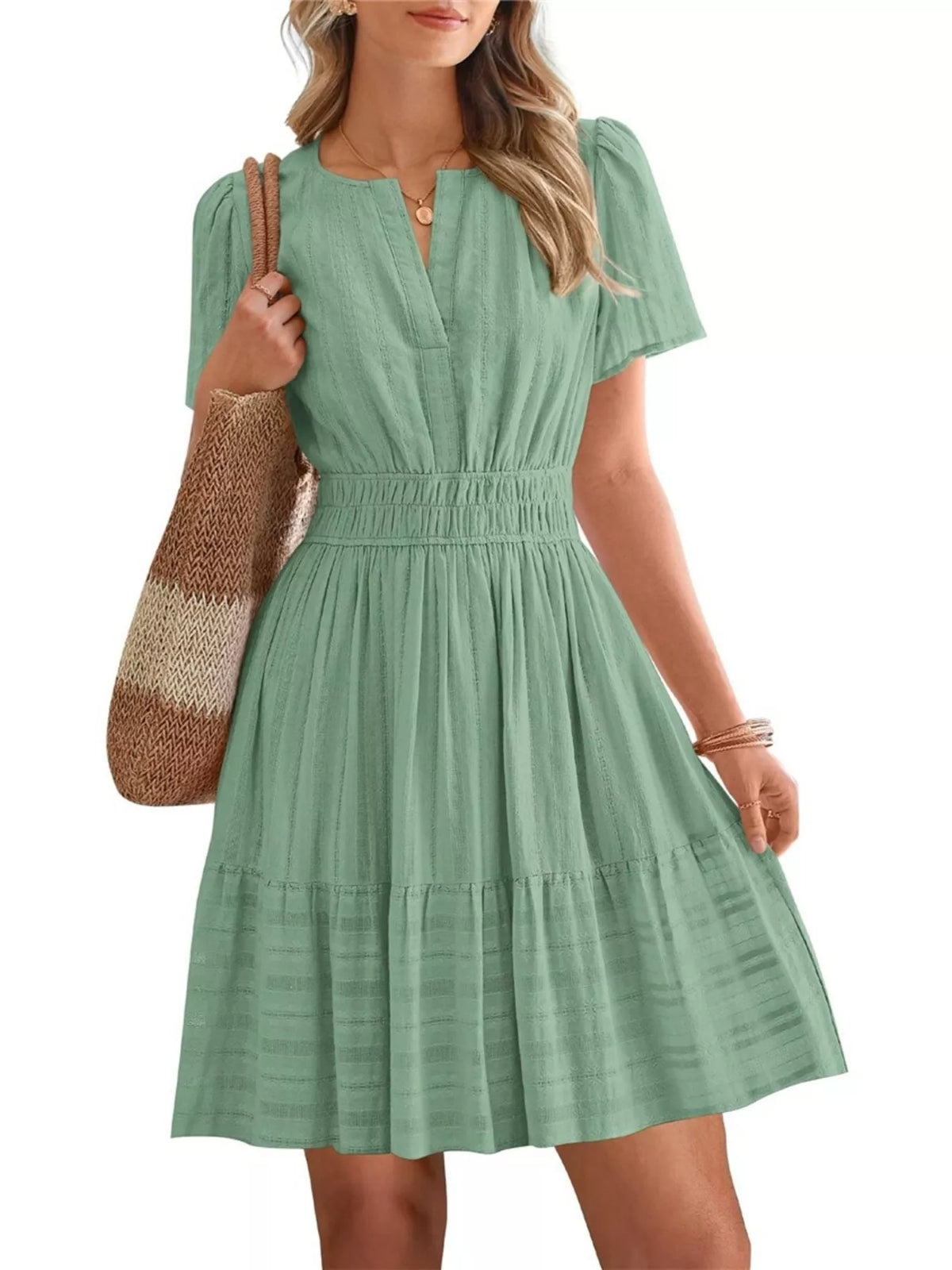 Short sleeve smocked waist tiered midi dress styled view