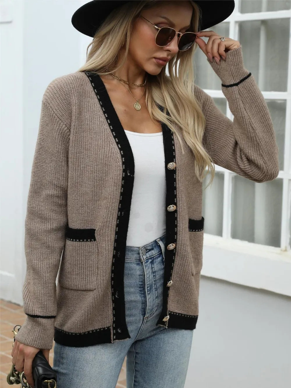 Contrast Trim Button Up Long Sleeve Cardigan - Fashorio