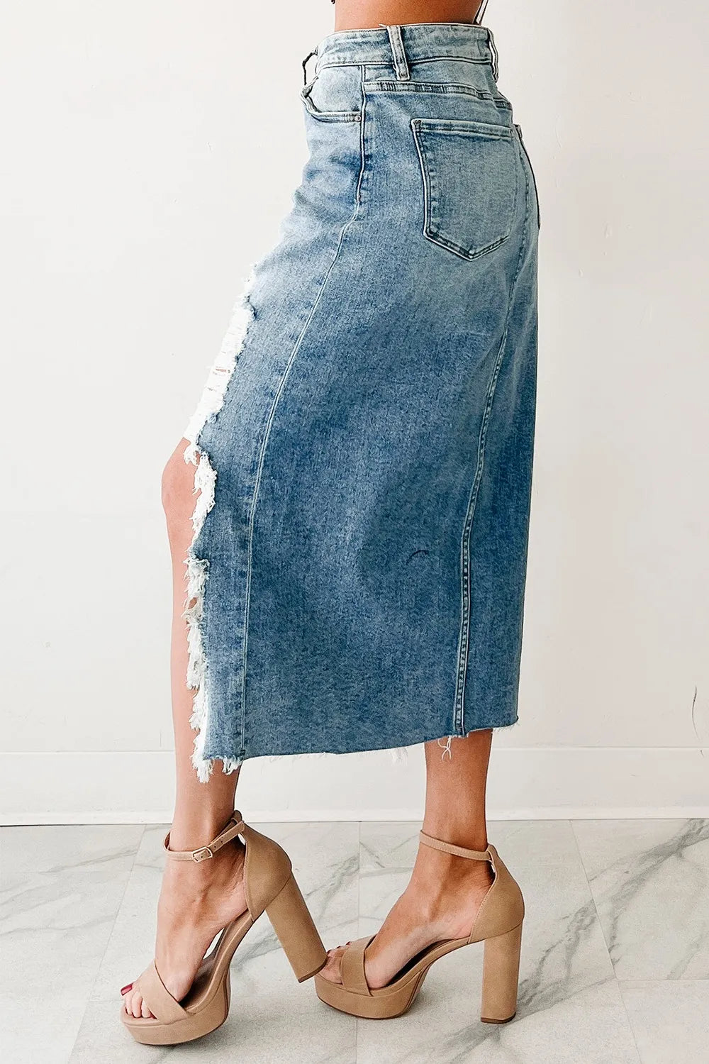 Distressed Asymmetrical Denim Skirt with Frayed Hem - Fashorio