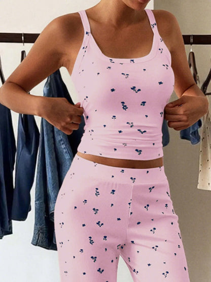 Floral Ribbed Cami and Wide Leg Pants Set - Fashorio