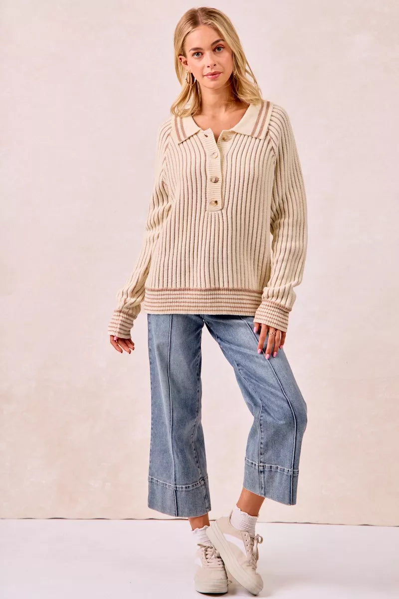 Half Button Ribbed Two Tone Sweater in Cream and Latte view 15