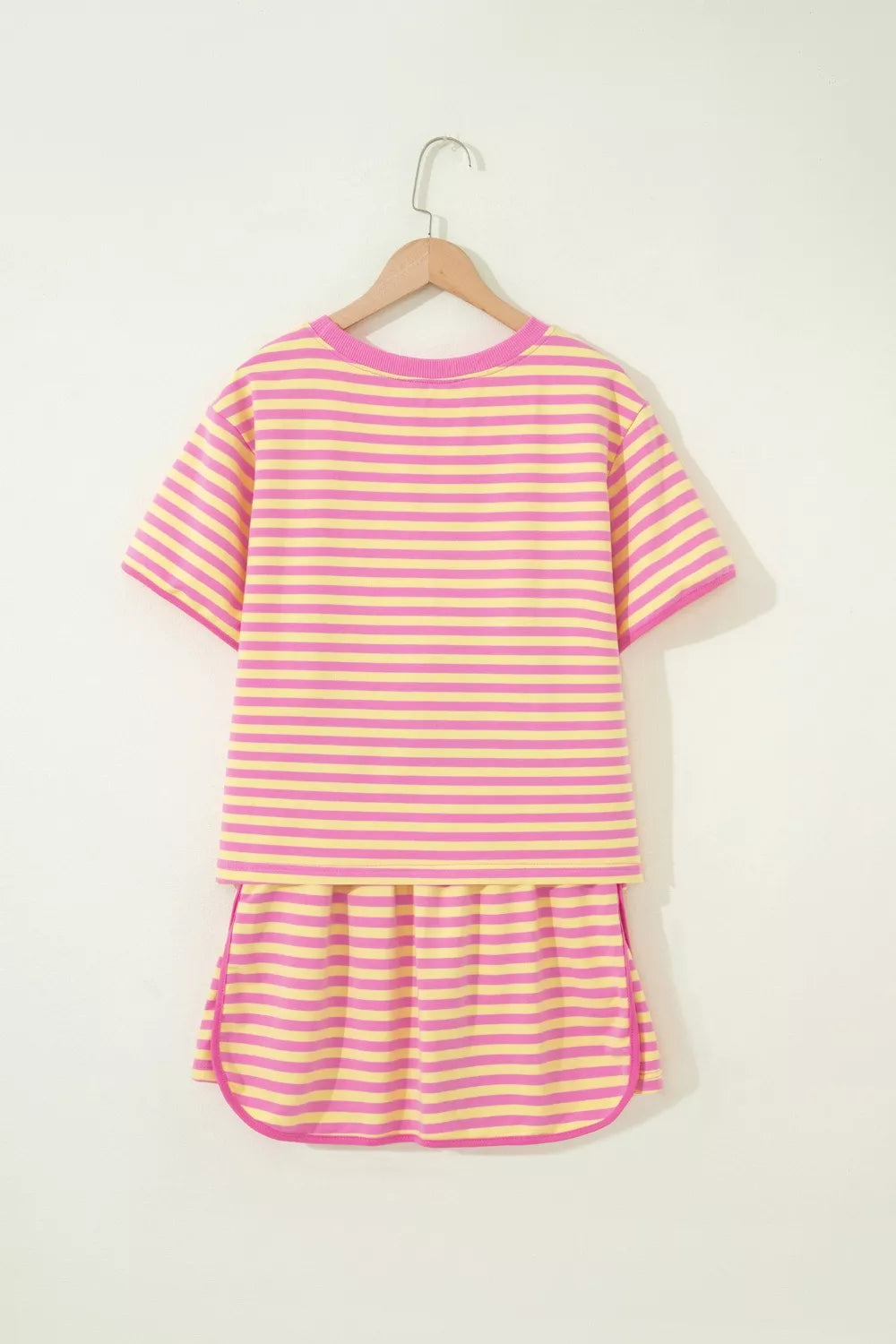 Striped round neck tee and shorts side view