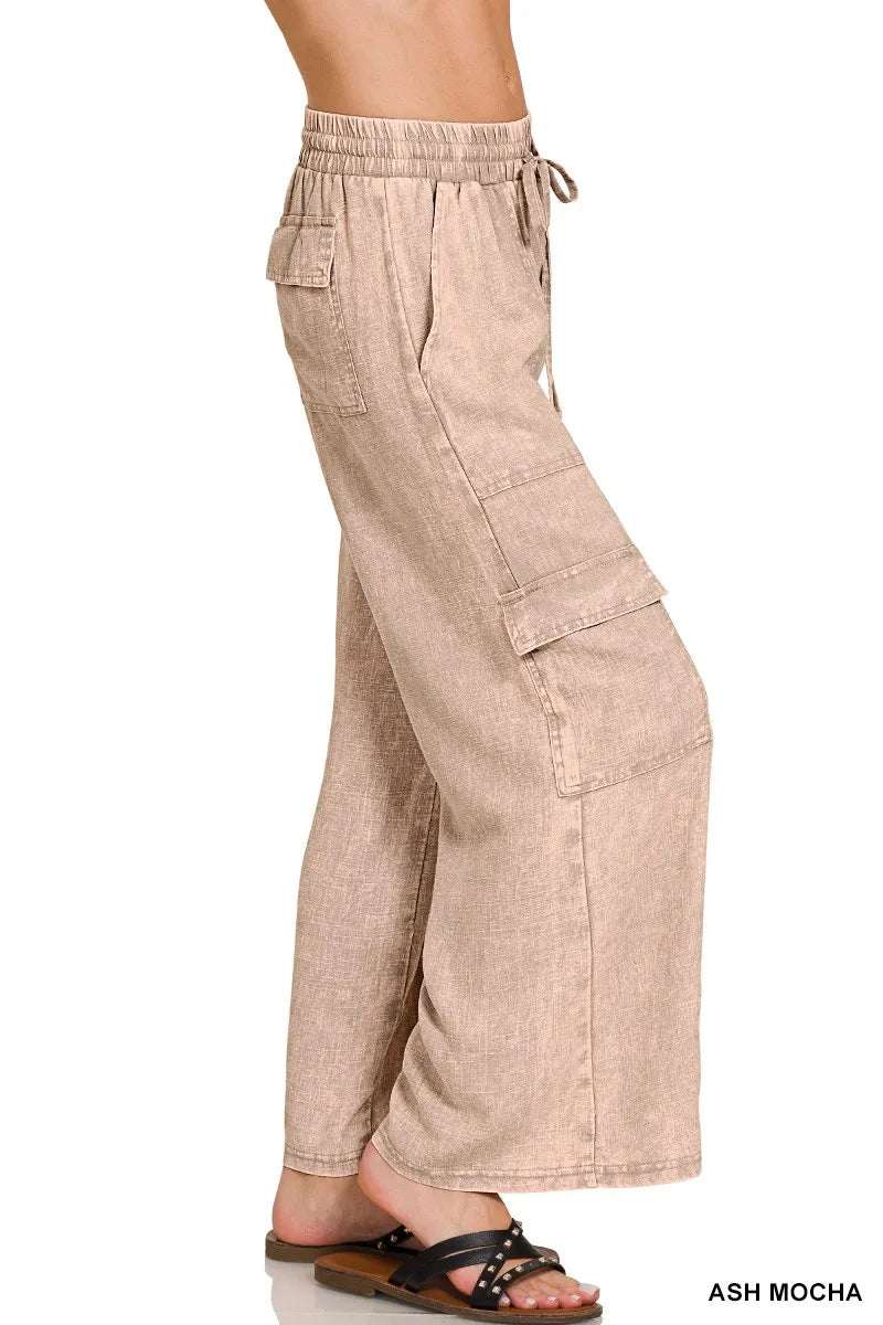 Zenana Washed Linen Elastic Band Waist Cargo Pants - Fashorio