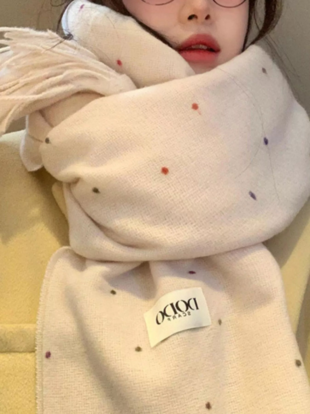 Polka dot fringe scarf dot pattern detail