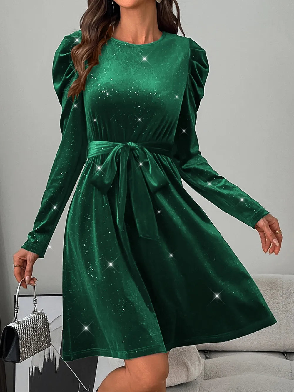 glitter round neck puff sleeve dress full length view