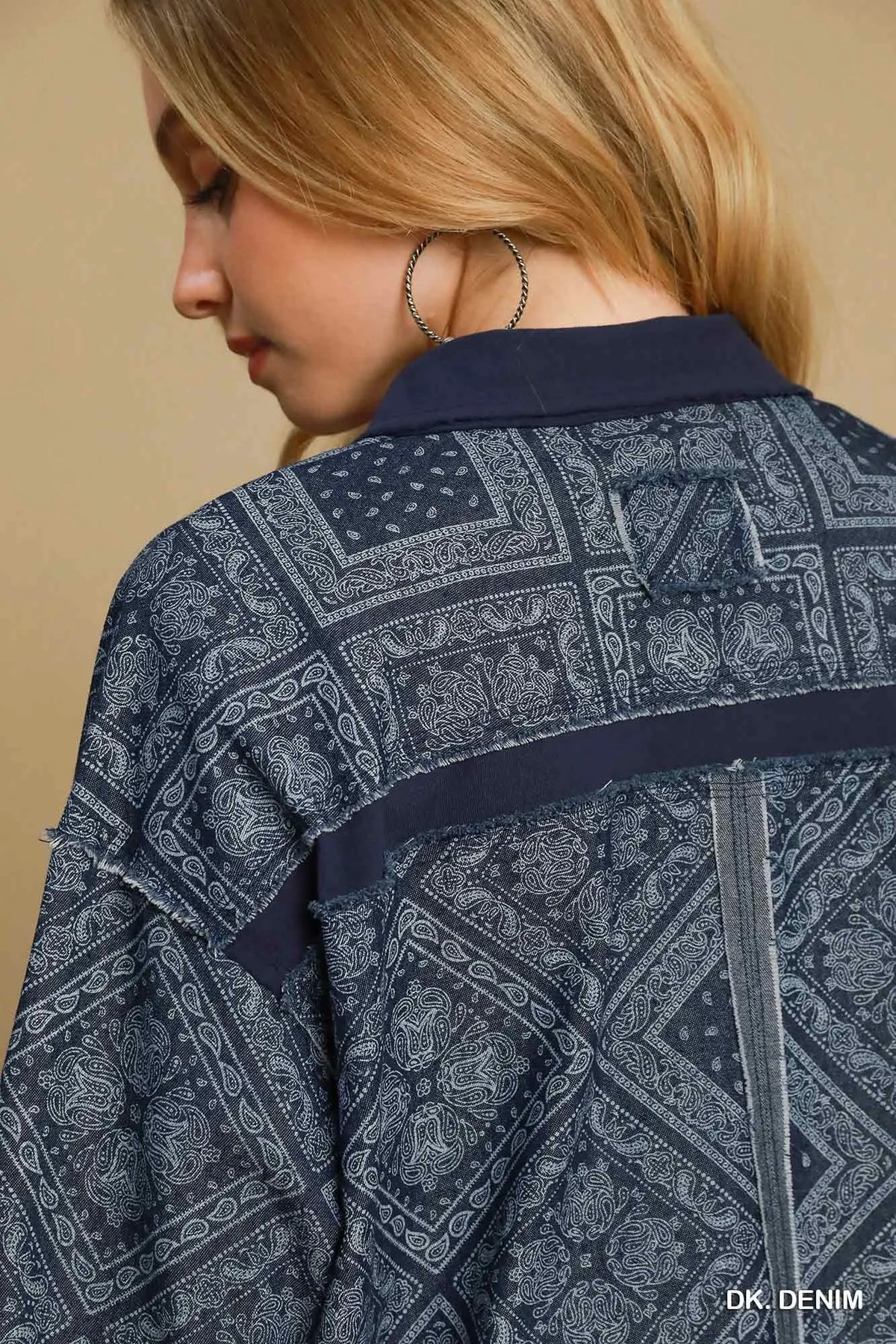 Side view of the oversized quilted denim jacket