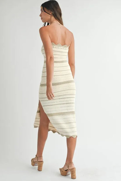 MABLE Contrast Striped Crochet Knit Midi Dress - Fashorio