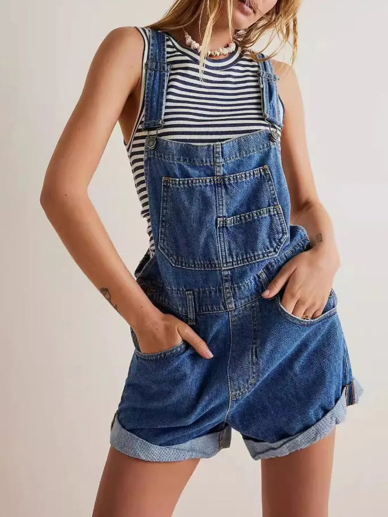 Medium wash square neck wide strap overalls front view