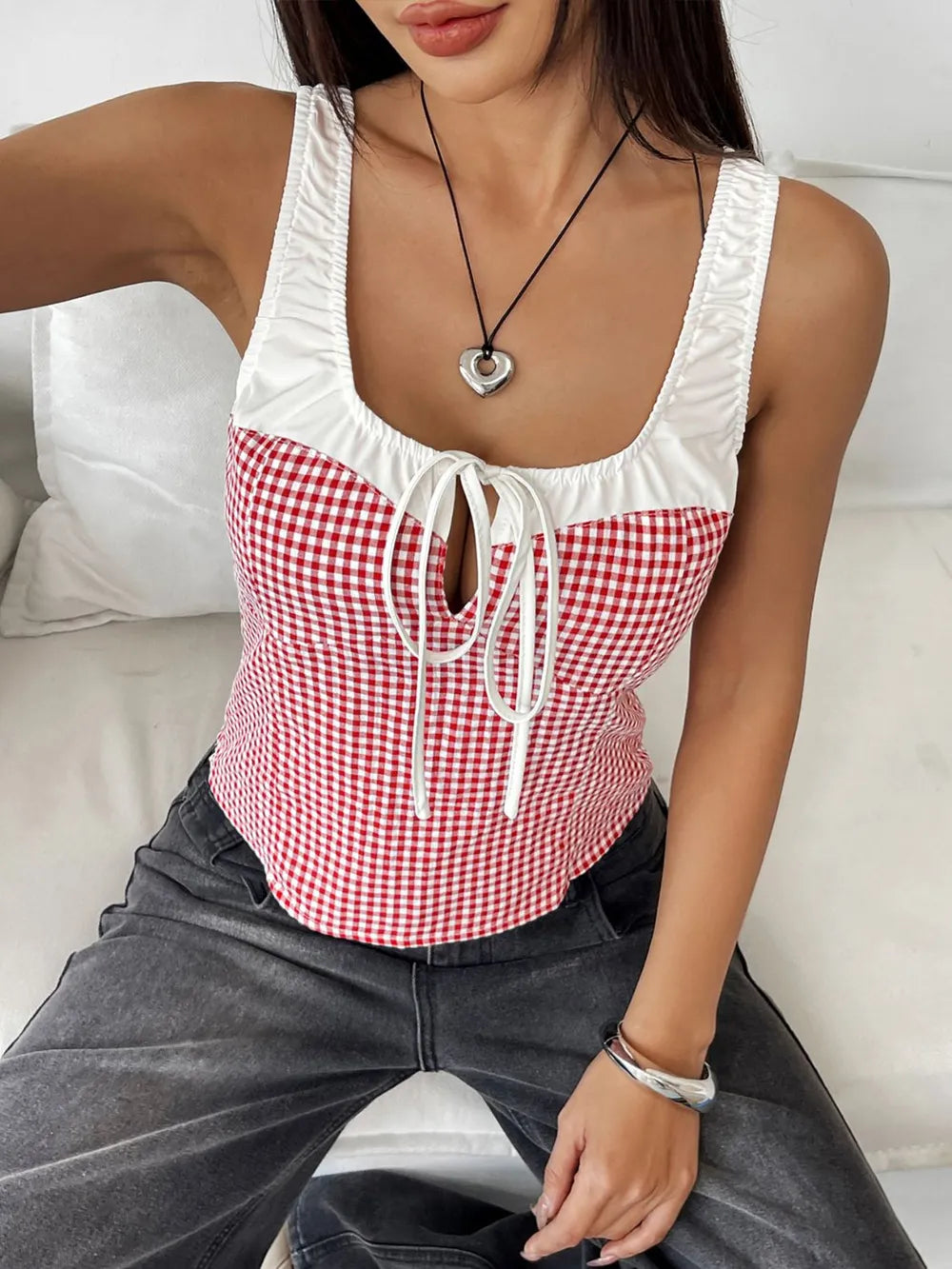 Square neck plaid tank top back view