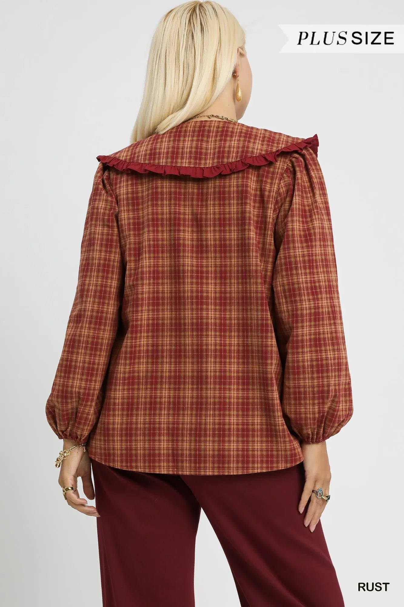 Umgee Full Size Plaid Ruffle Collar Blouse Plus Size - Fashorio