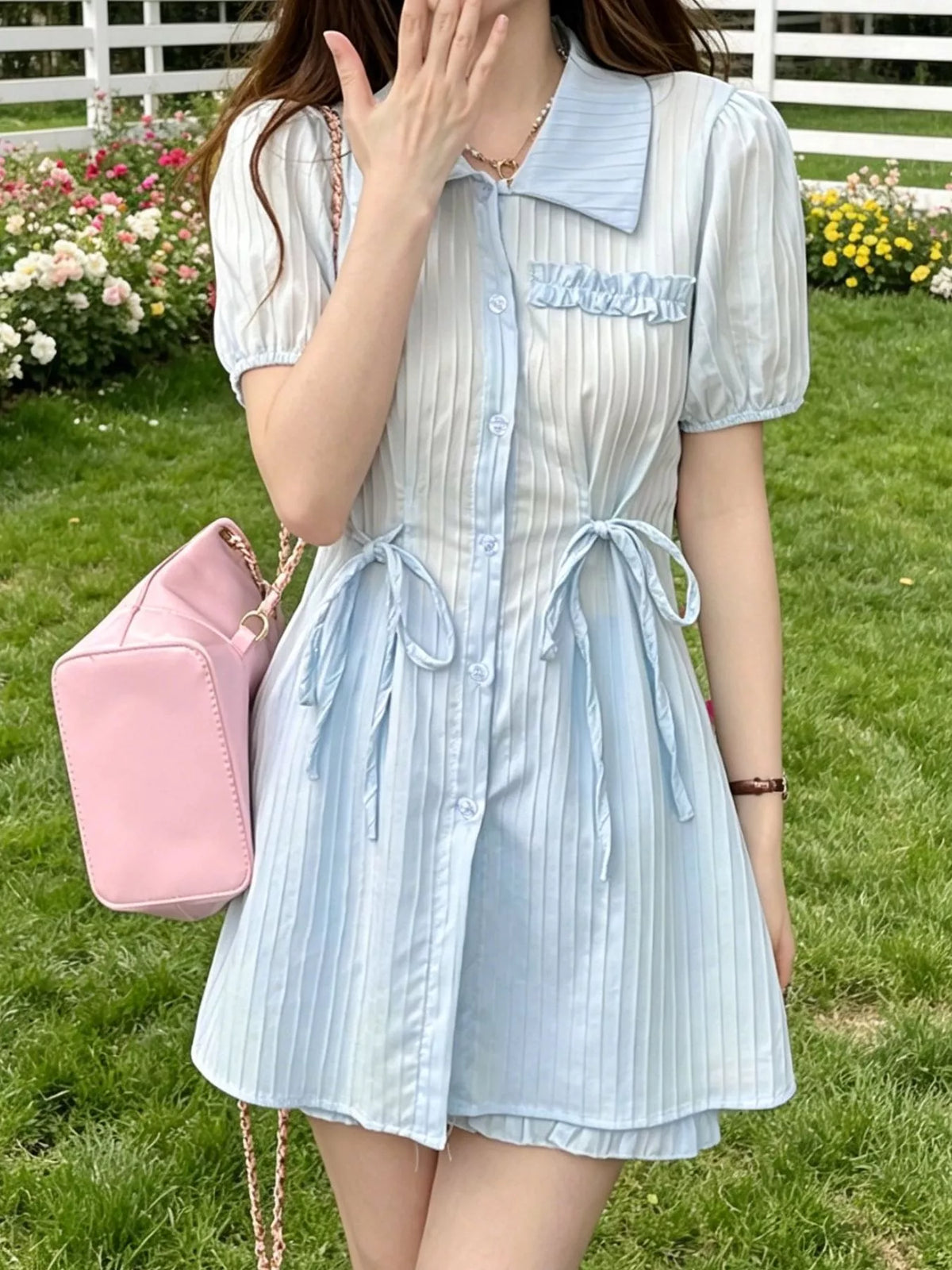 Light blue tie front shirt and matching shorts two piece set