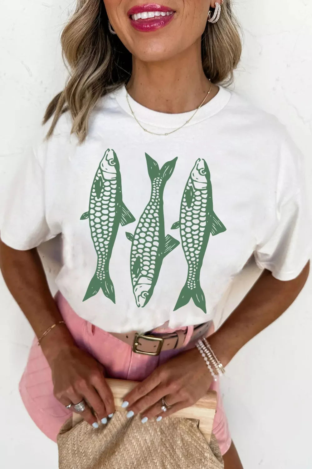 White fish graphic t-shirt side view