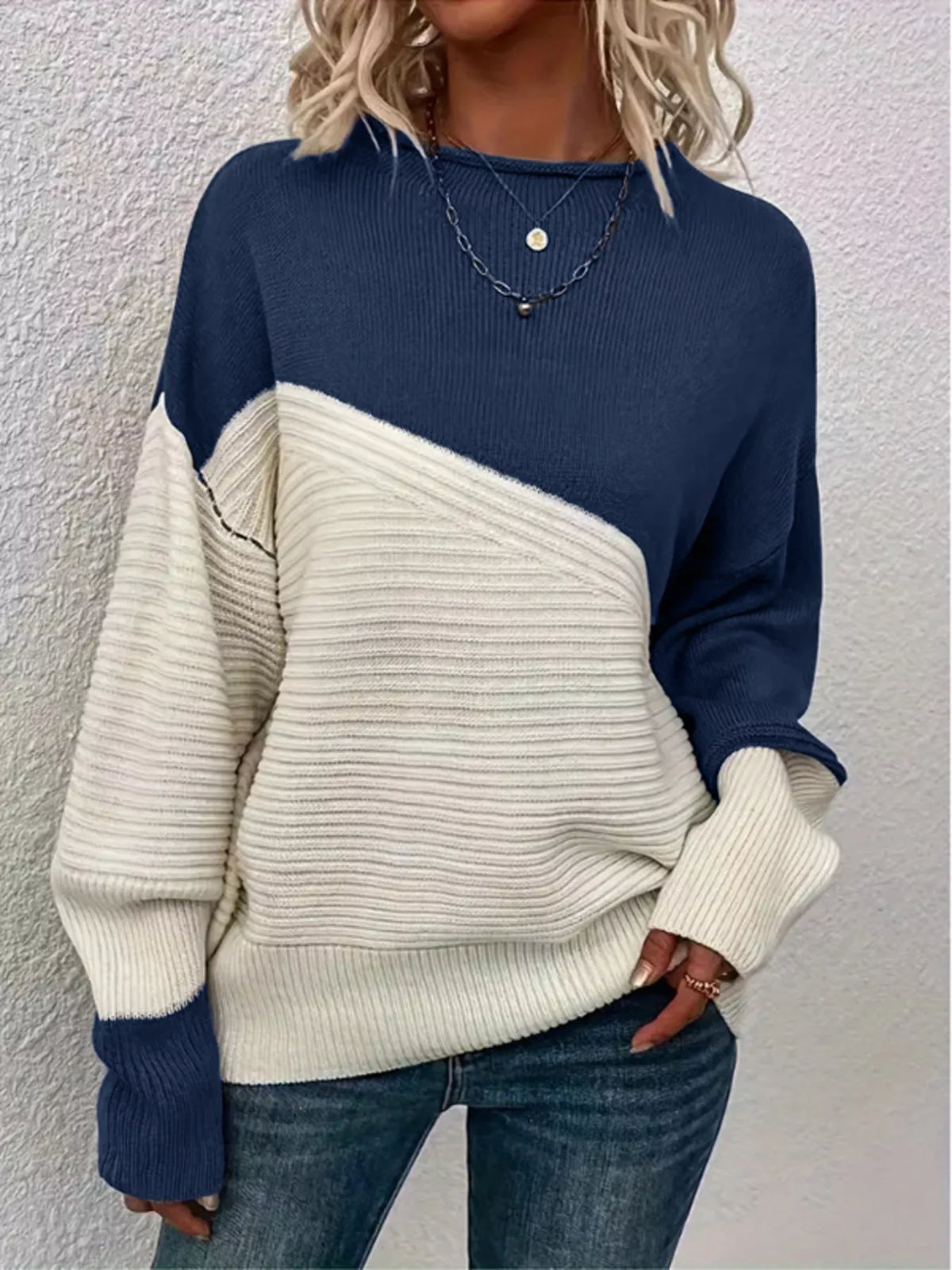 Color Block Ribbed Knit Sweater back view
