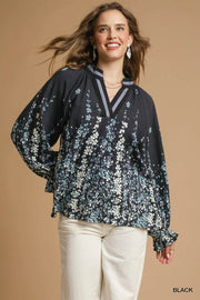 Umgee Full Size Floral Vine Print Blouse with Balloon Sleeves Plus Size Black - Fashorio