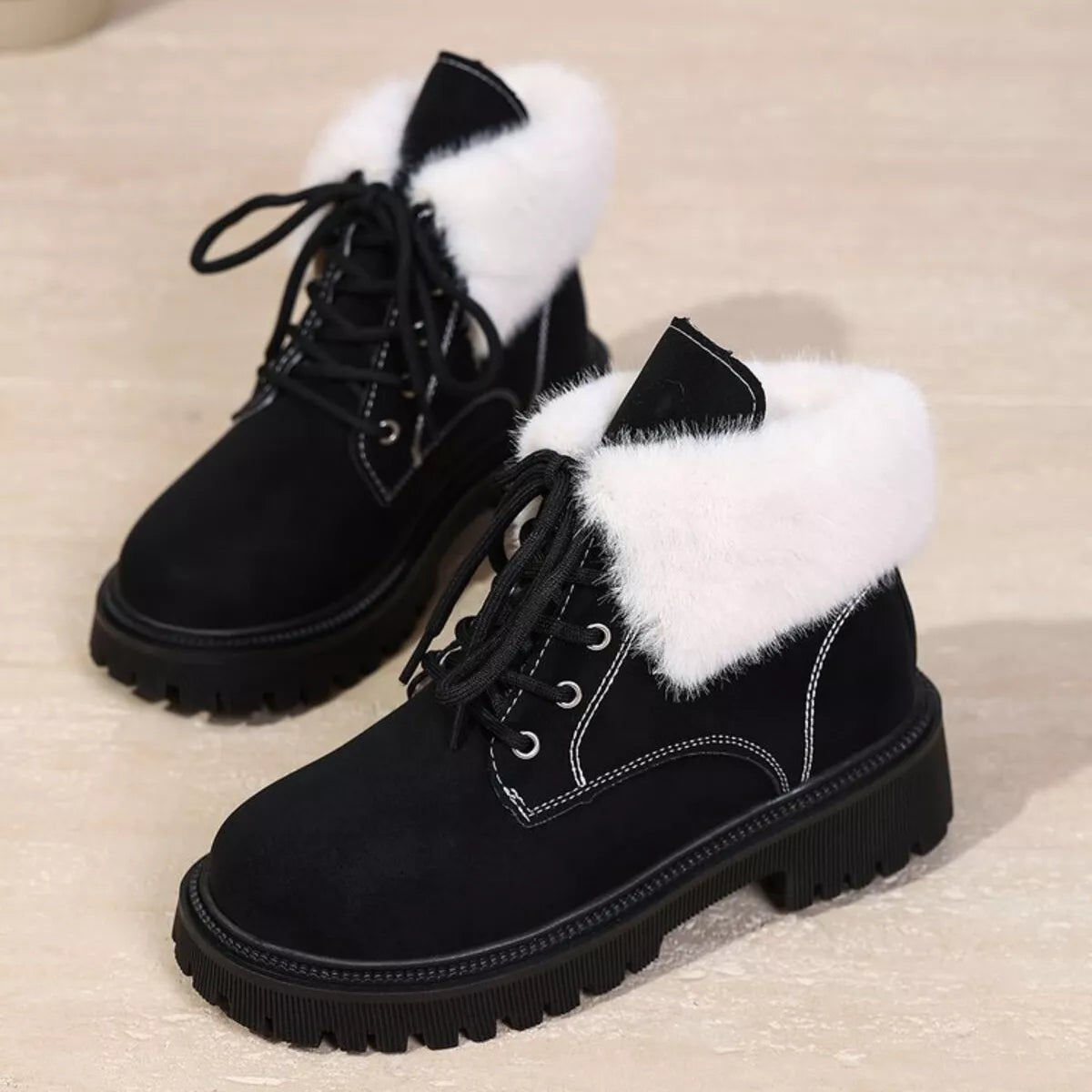Lace Up Round Toe Block Heel Boots front view