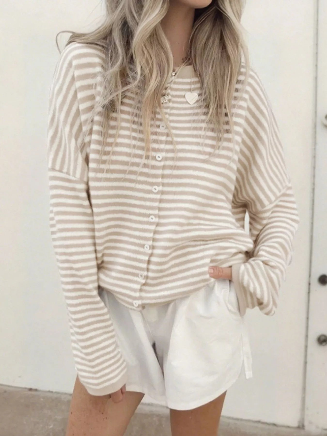 Striped Button Front Long Sleeve Cardigan Dust Storm - Fashorio