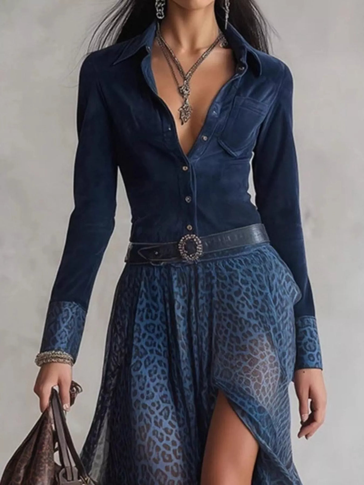 Navy leopard print button front long sleeve maxi dress side view