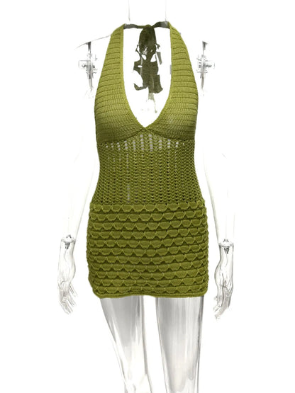 Crochet Halter Neck Sweater Dress - Fashorio