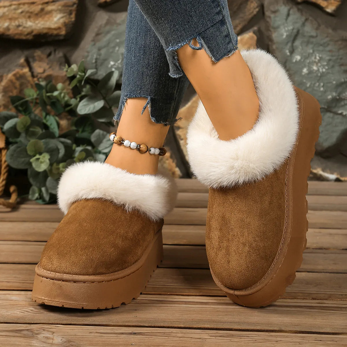 Fuzzy trim round toe platform boots front view