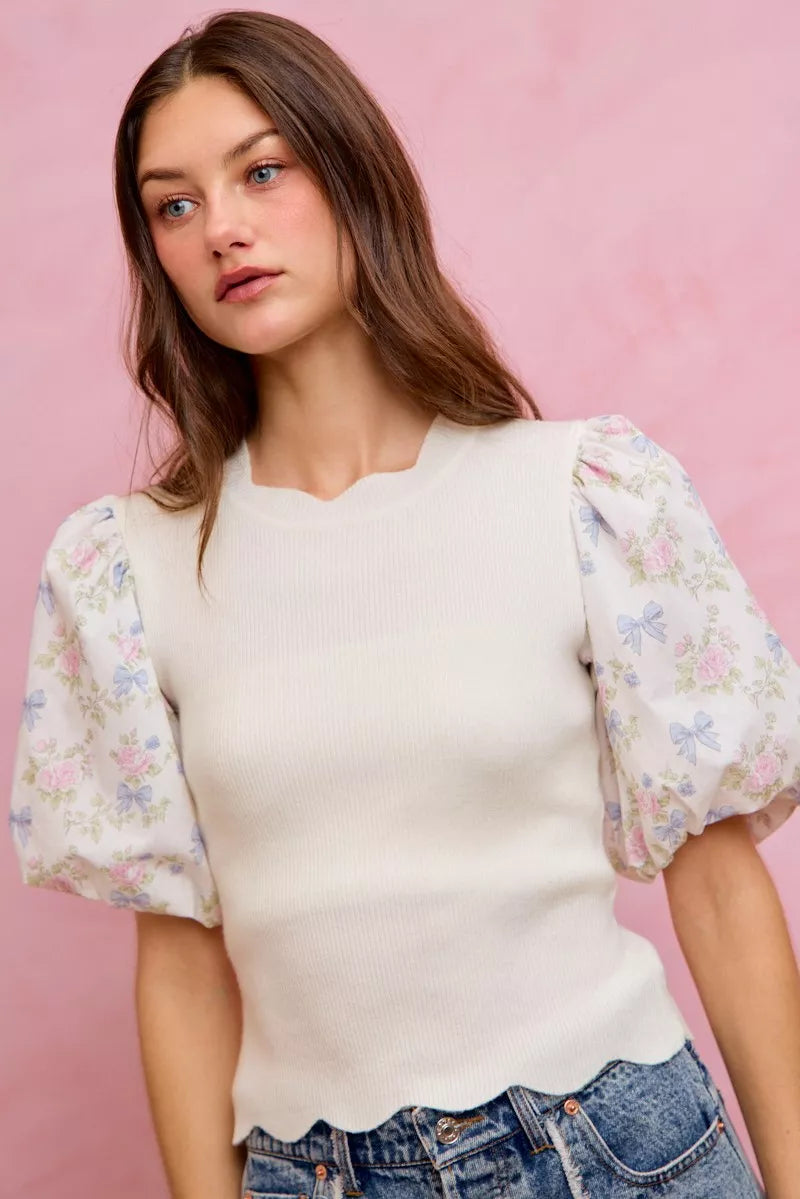 SO ME Floral Contrast Sleeve Scallop Sweater Top, view 21