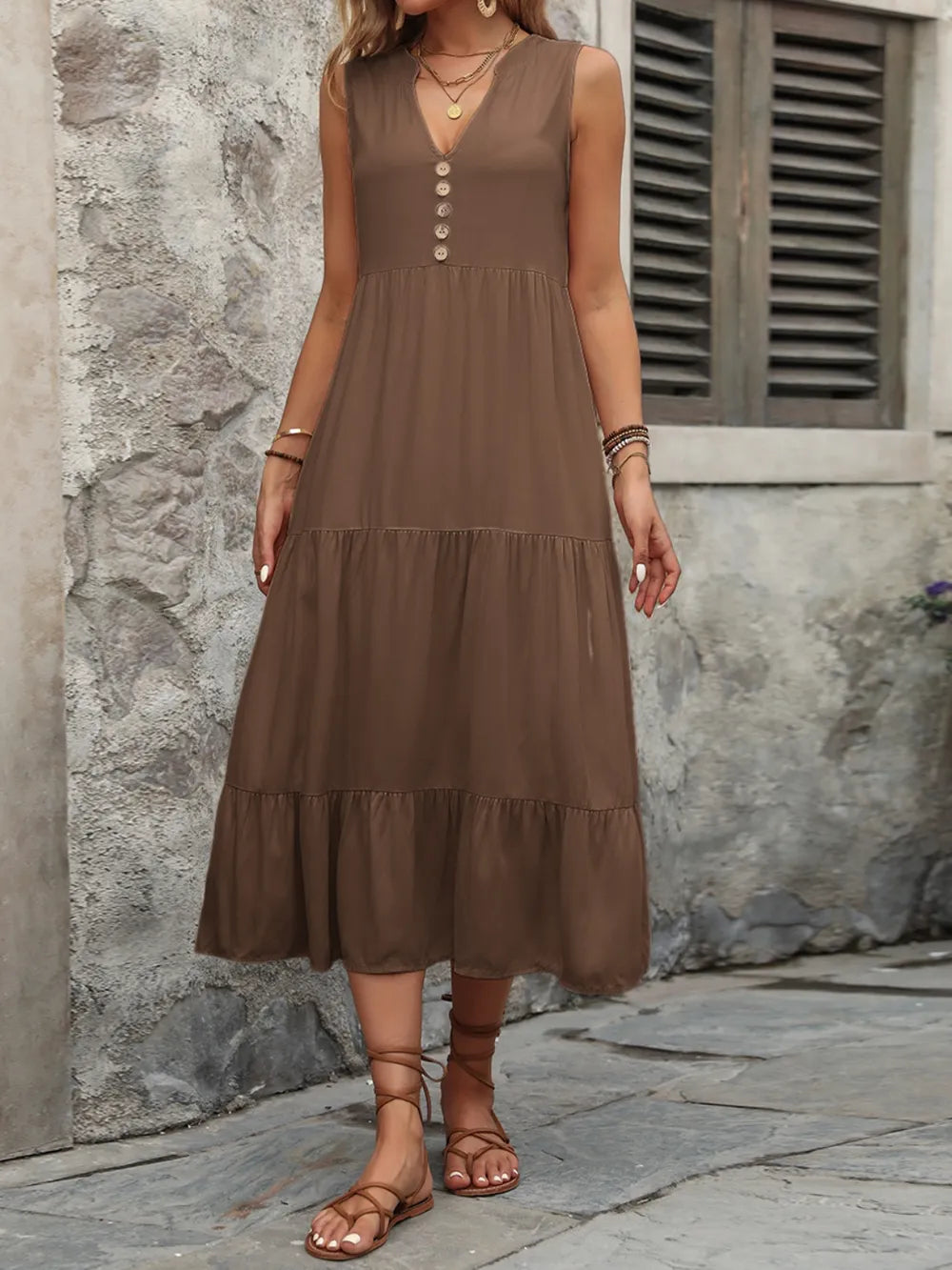 Ivy Lane Decorative Button Notched Sleeveless Dress - Fashorio