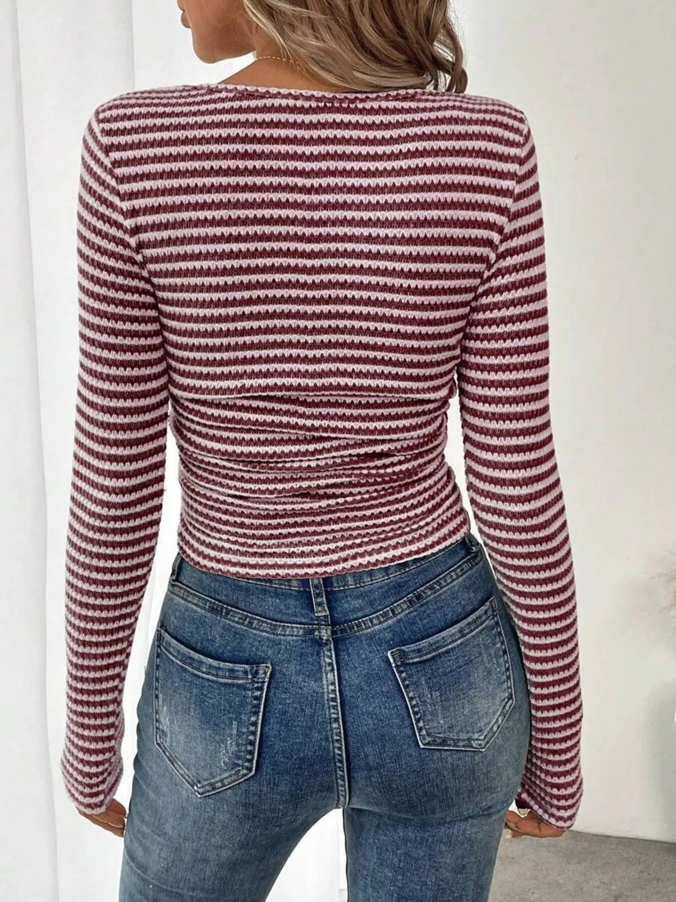 Striped Square Neck Long Sleeve T-Shirt - Fashorio