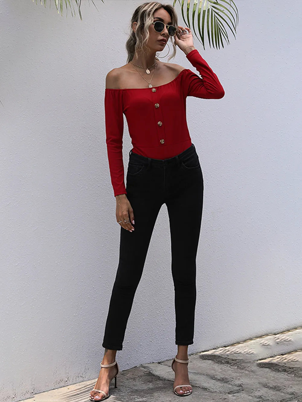 Perfee Decorative Button Off-Shoulder Long Sleeve Bodysuit - Fashorio