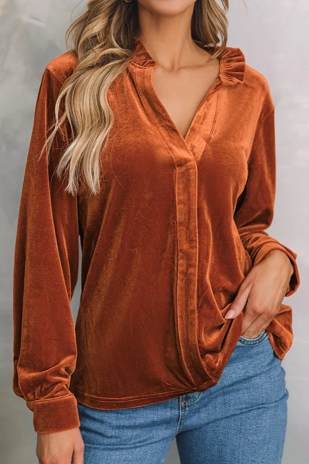 Notched Frill Detail Long Sleeve Blouse - Fashorio