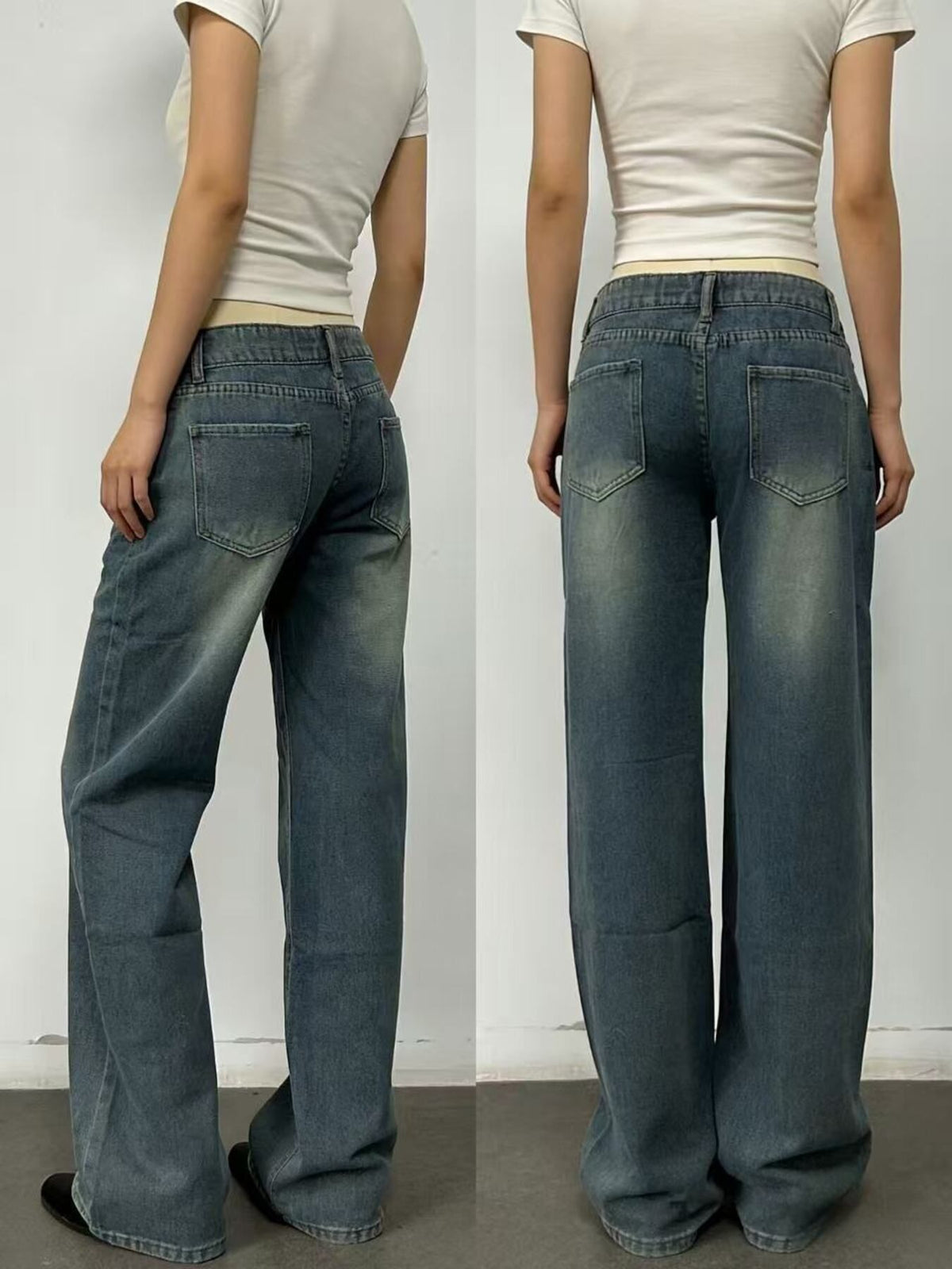 Full length styling of dark wide leg jeans