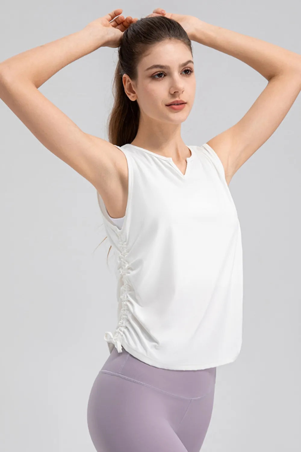 Notched neck wide strap active tank styled view