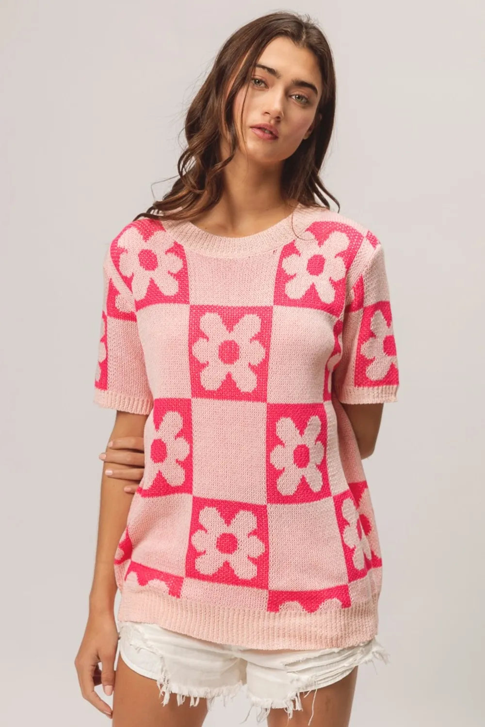Floral Check Short Sleeve Cotton Blend Sweater detail