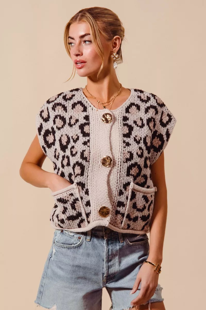 Button Front Leopard Print Sweater Vest