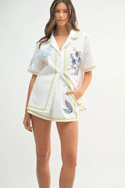 MABLE Embroidered Button Down Shirt and Shorts Set Lime - Fashorio