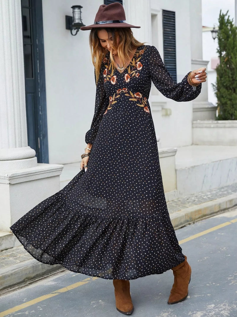 Floral embroidered polka dot plus size maxi dress front view