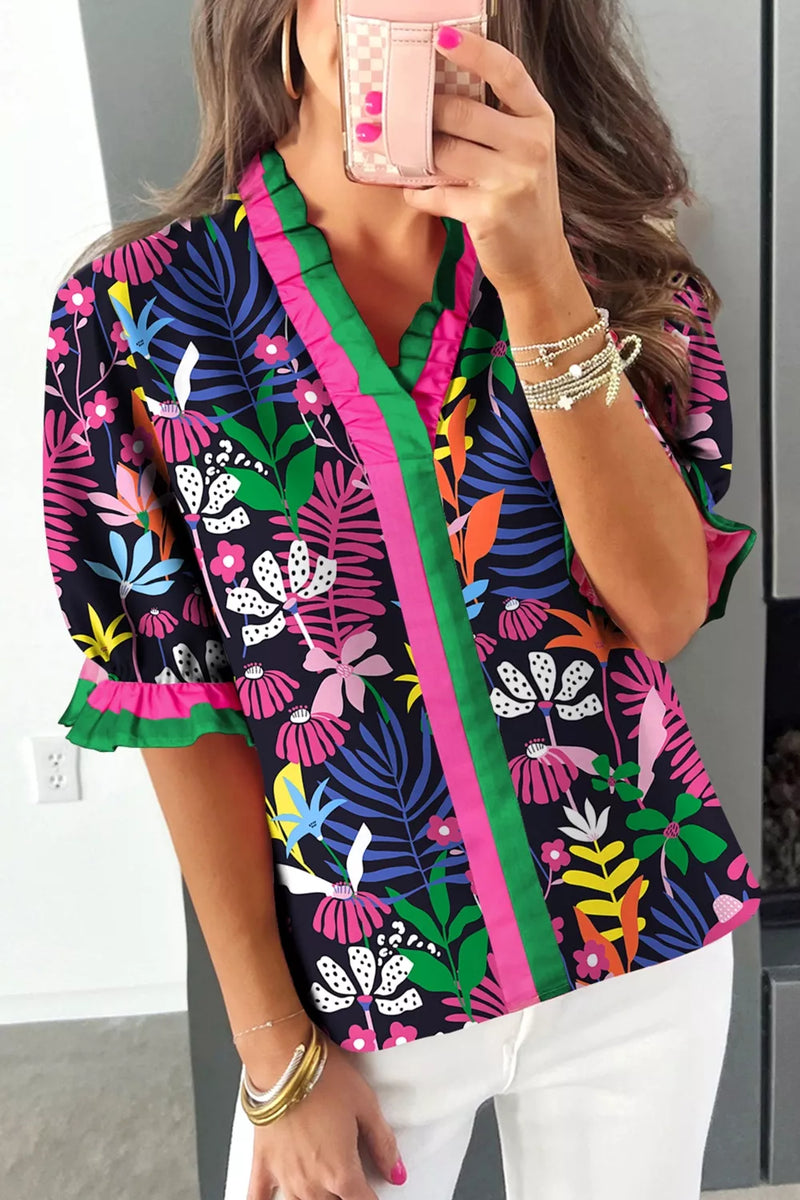 Floral print frill V neck short sleeve blouse front view