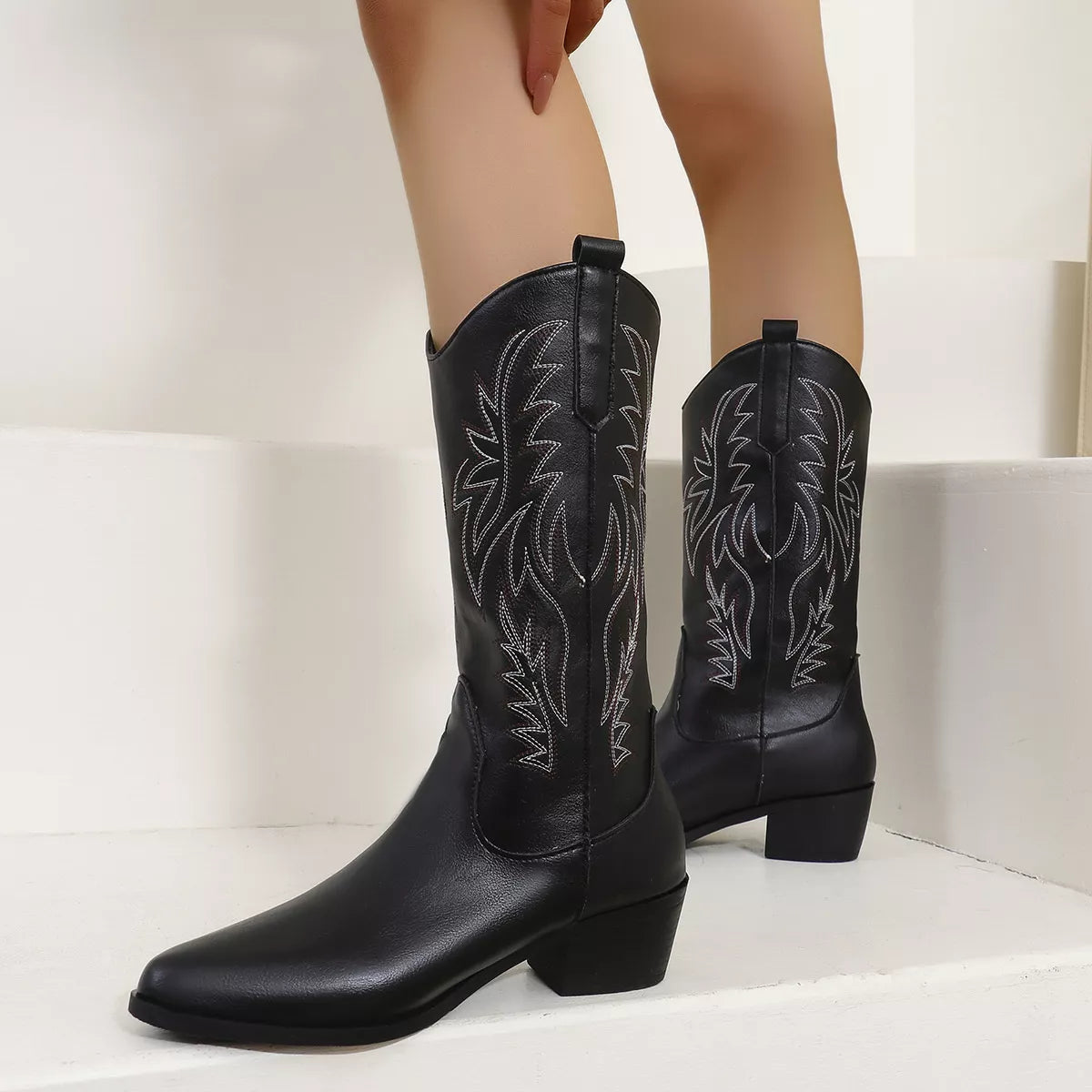 Embroidered Point Toe Block Heel Boots side profile
