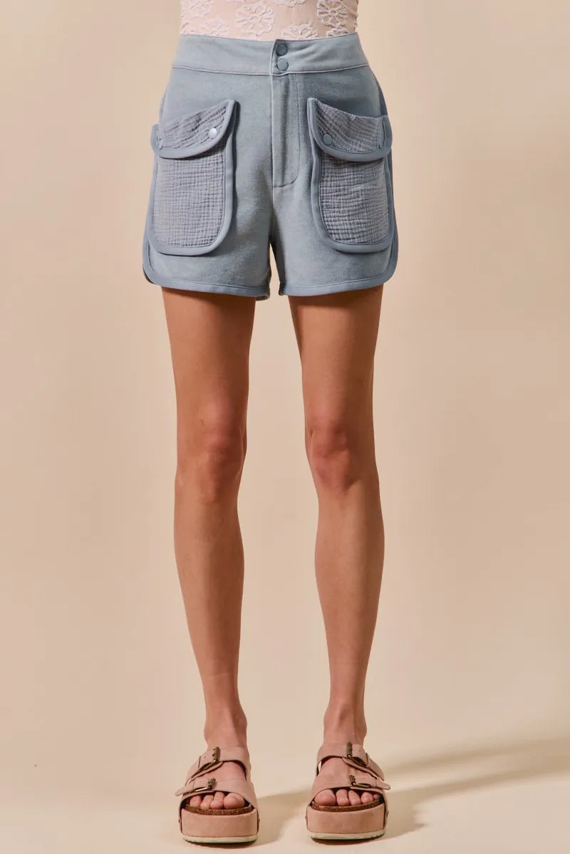 Mineral washed terry cargo shorts front view